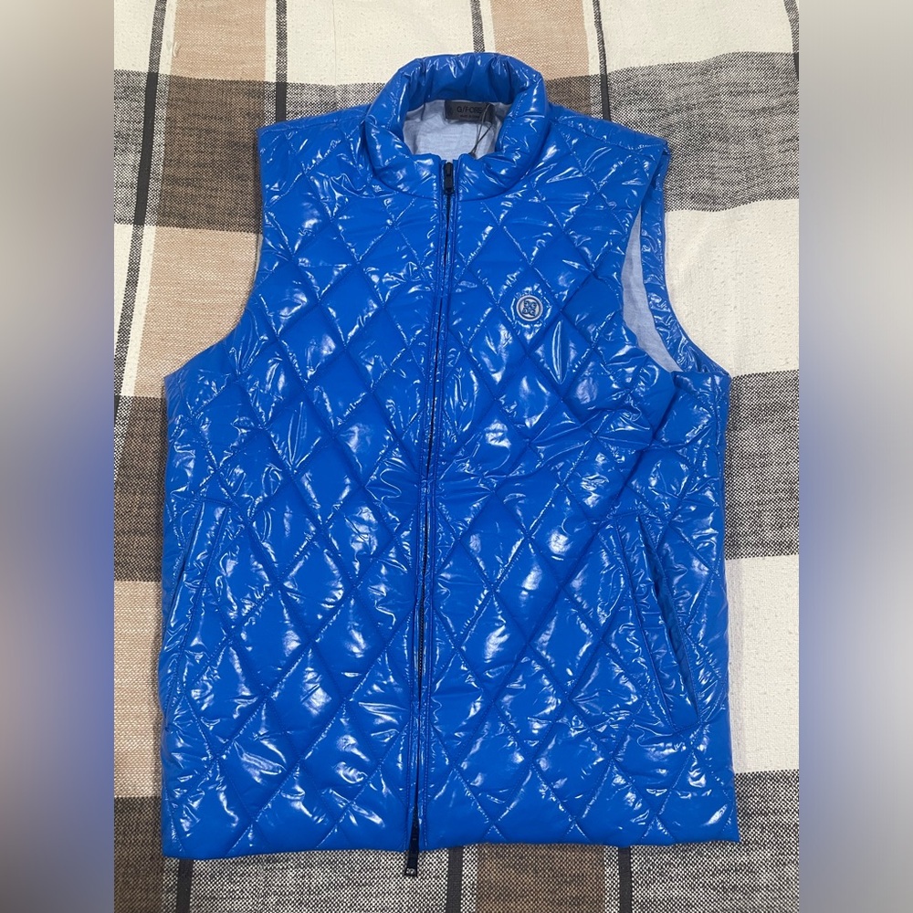 G Fore Puffer Vest Mens Blue Wool Lined Quilted Nylon Lightweight Full Zip